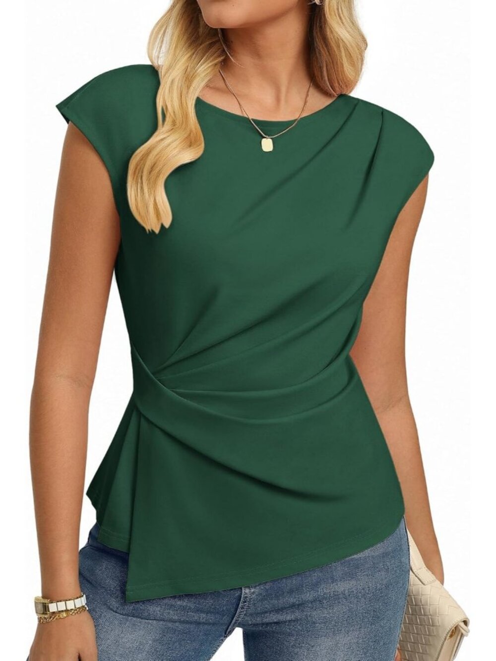 Women's T Shirts Dark Green Crew Neck Cap Sleeve Classic Dress Comfort Summer